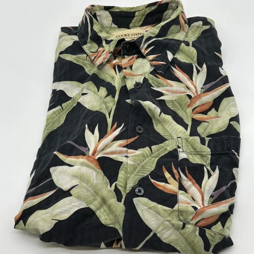 Cooke Street Mens Hawaiian Shirt Green Beige Floral Short Sleeve XL 100% Silk